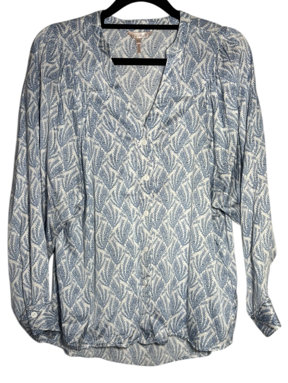 ESQUALO Blue and White Leaf-Print Button-Down Blouse